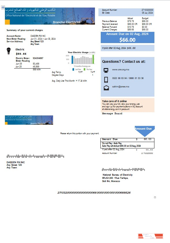Morocco National Bureau of Electricity business utility bill Word and PDF template PSD template